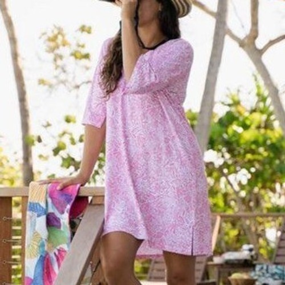 RipSkirt Womens Floral Tunic Dress Size M/L Pink Bamboo Cotton V-Neck Loungewear